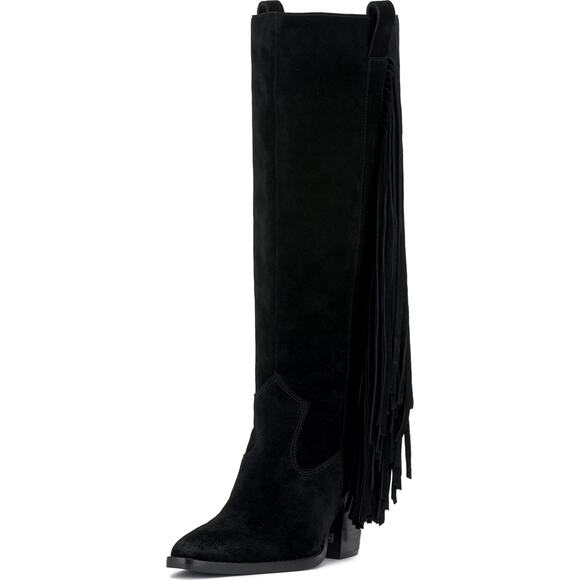 Vince Camuto Women Pelia Long Fringe Western Boots Size US 8M Black Suede - Picture 1 of 4